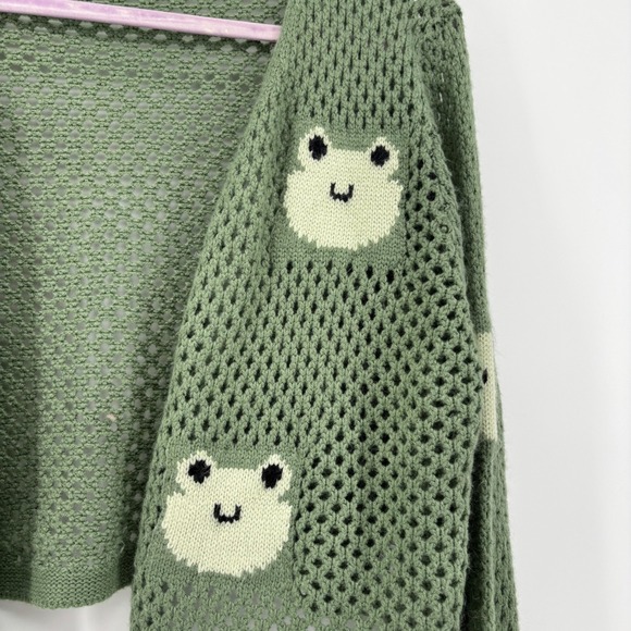 Green Frog Crochet Open Knit Cropped Cardigan Sweater Womens XL Whimsical - Picture 2 of 8